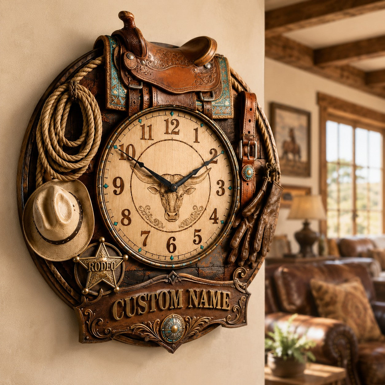 Western Cowboy Custom Name Wall Clock — personalized with a custom name