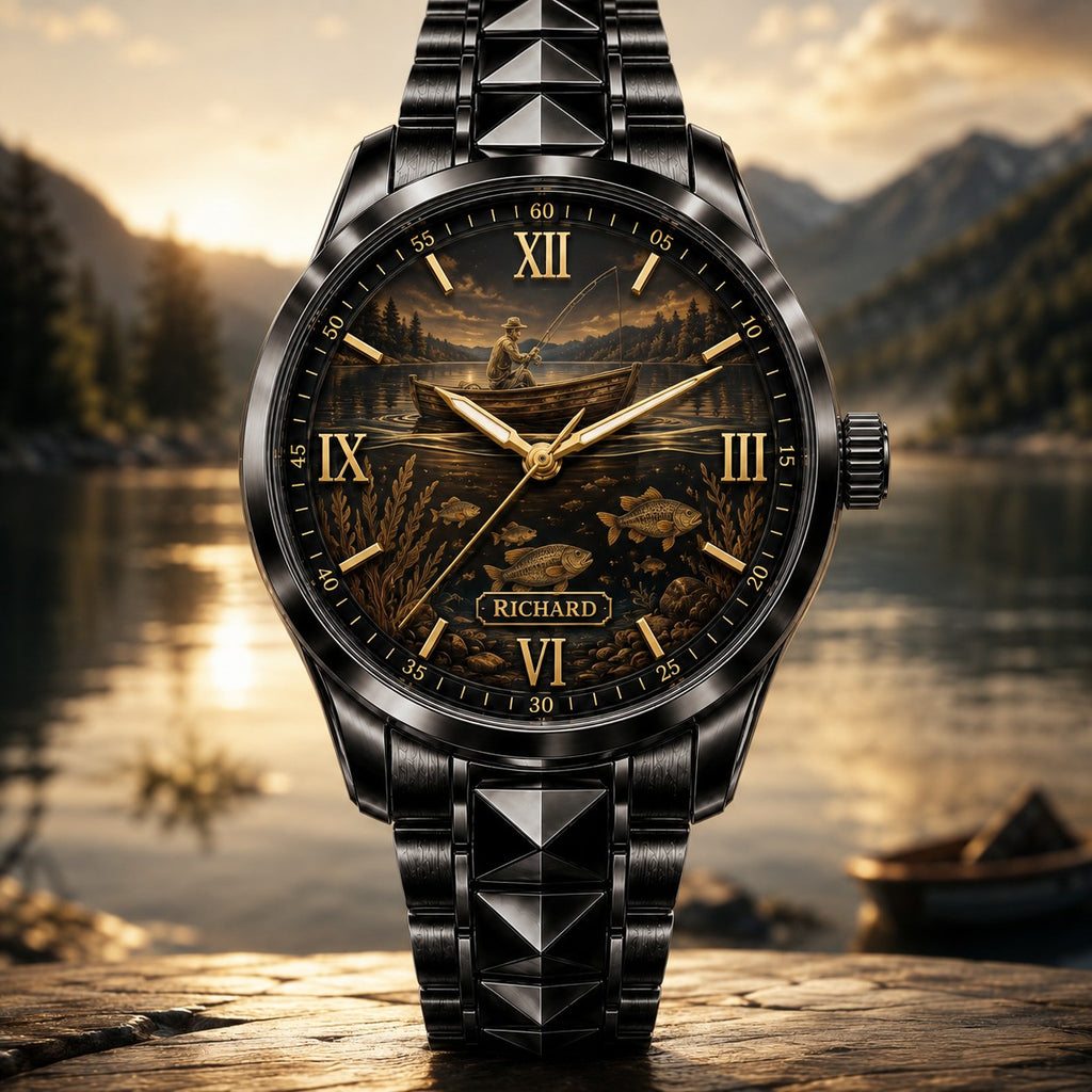Custom Mountain Lake Fishing Watch — personalized with a custom name