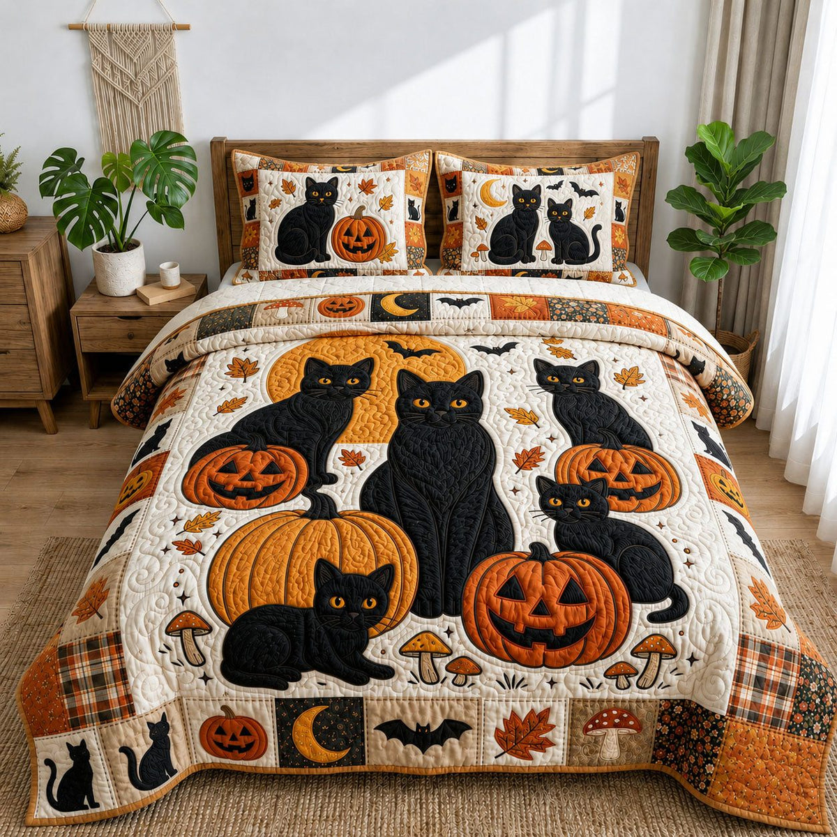 Halloween Black Cats Pumpkins quilted 3-piece bedding set on a made bed against a dark styled interior