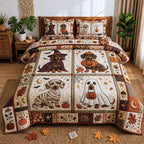 Halloween Dachshund Witch quilted 3-piece bedding set on a made bed against a dark styled interior