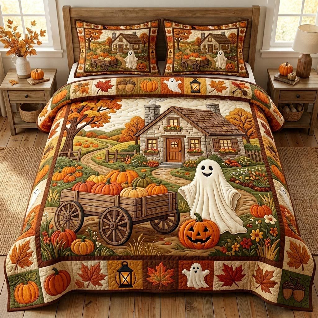 Halloween Ghost Farmhouse quilted 3-piece bedding set on a made bed against a dark styled interior