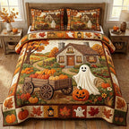 Halloween Ghost Farmhouse quilted 3-piece bedding set on a made bed against a dark styled interior