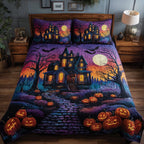 Halloween Night quilted 3-piece bedding set on a made bed against a dark styled interior