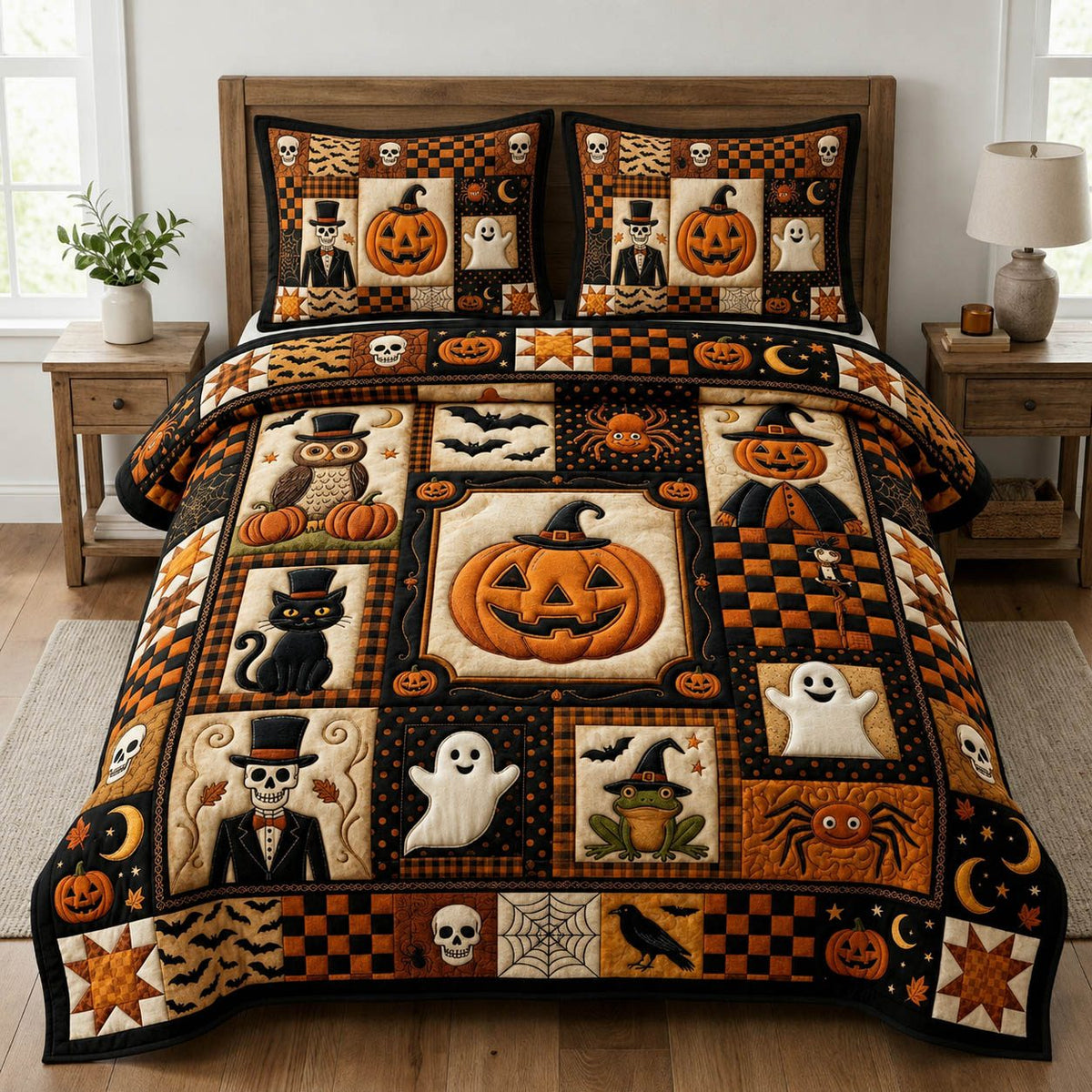 Halloween Patchwork Cat Pumpkin quilted 3-piece bedding set on a made bed against a dark styled interior