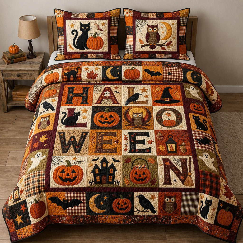 Halloween Patchwork Letters quilted 3-piece bedding set on a made bed against a dark styled interior