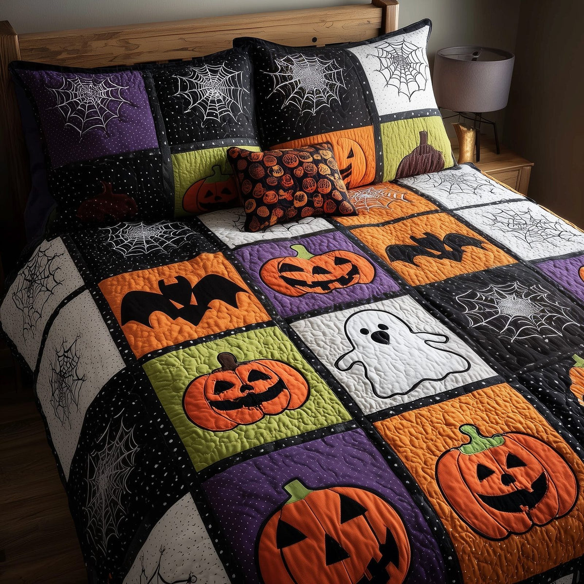 Halloween Patchwork Squares quilted 3-piece bedding set on a made bed against a dark styled interior