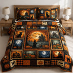 Halloween Patchwork Witch quilted 3-piece bedding set on a made bed against a dark styled interior