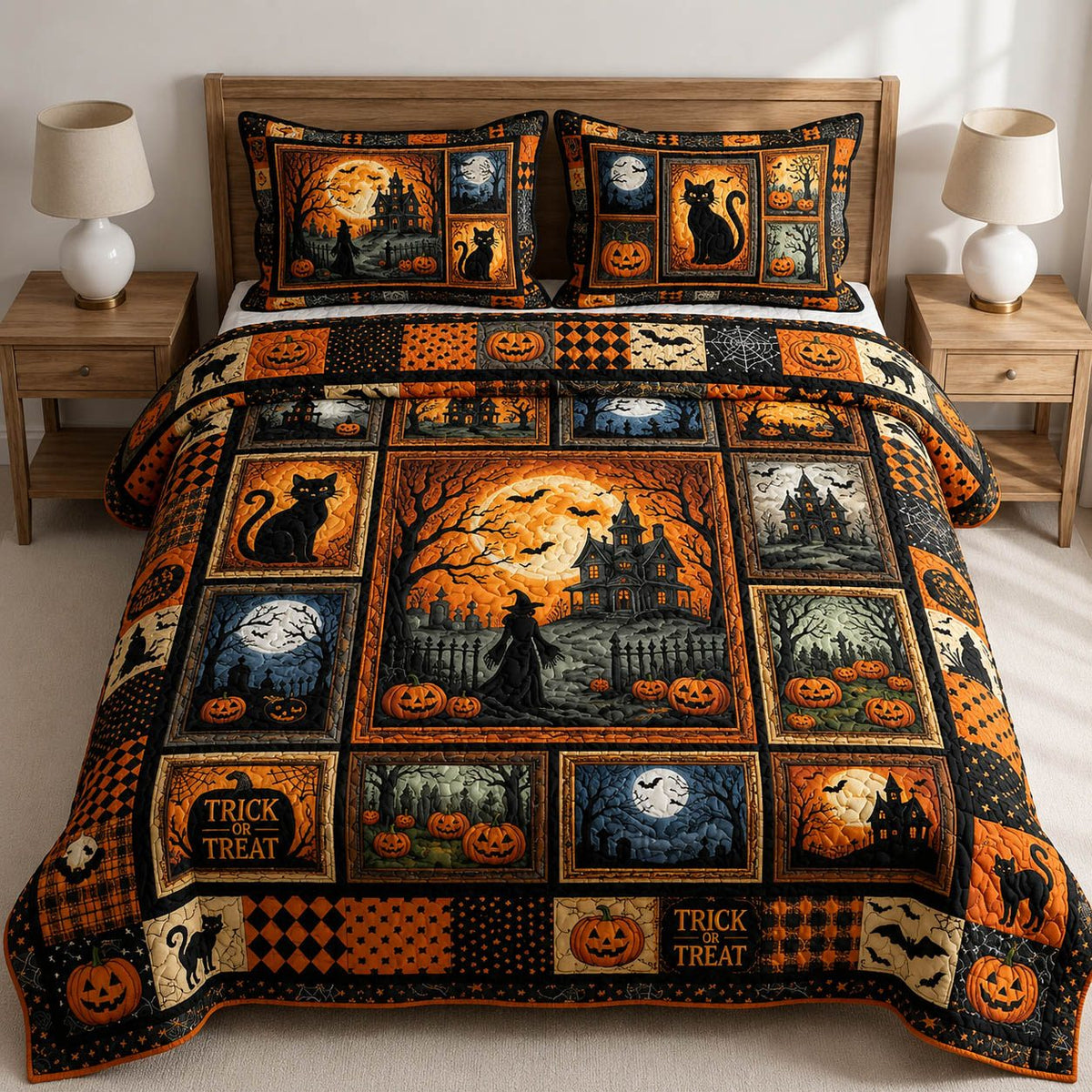 Halloween Patchwork Witch quilted 3-piece bedding set on a made bed against a dark styled interior