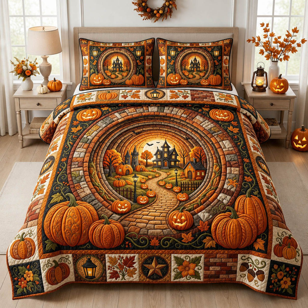 Halloween Pumpkin Circle quilted 3-piece bedding set on a made bed against a dark styled interior