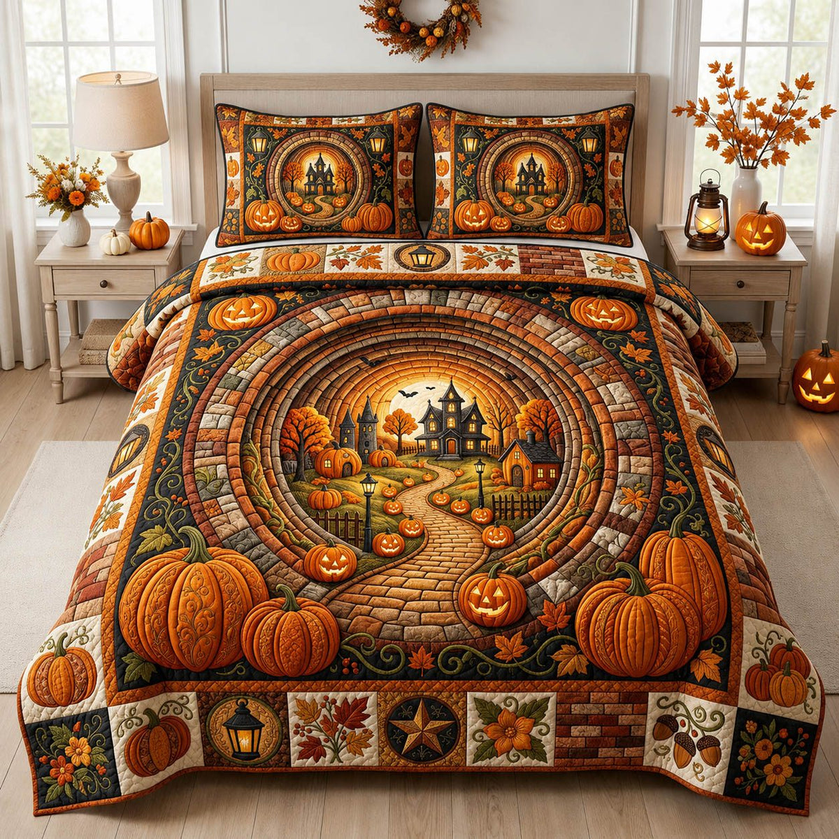 Halloween Pumpkin Circle quilted 3-piece bedding set on a made bed against a dark styled interior