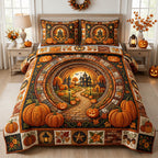 Halloween Pumpkin Circle quilted 3-piece bedding set on a made bed against a dark styled interior