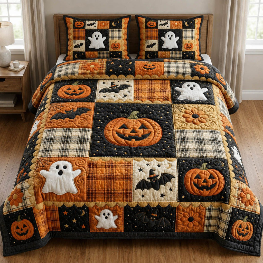 Halloween Pumpkin Ghost Patch quilted 3-piece bedding set on a made bed against a dark styled interior
