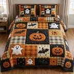 Halloween Pumpkin Ghost Patch quilted 3-piece bedding set on a made bed against a dark styled interior