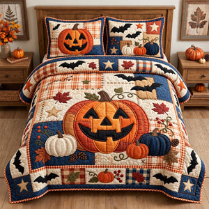 Halloween Pumpkin Patchwork 3-Piece Quilted Bedding Set