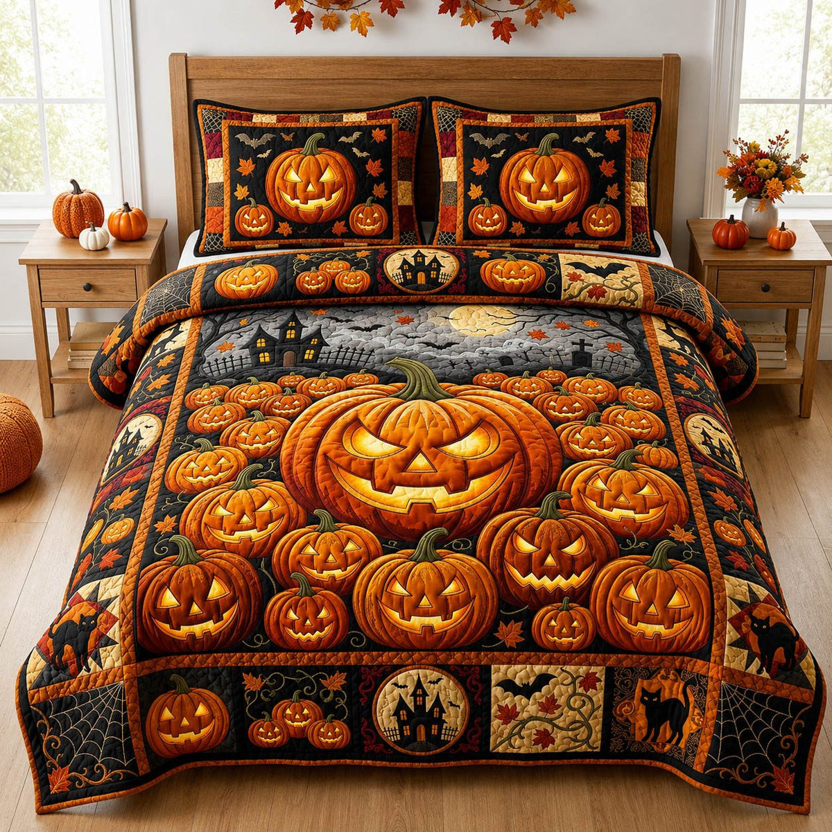 Halloween Pumpkin Pile quilted 3-piece bedding set on a made bed against a dark styled interior