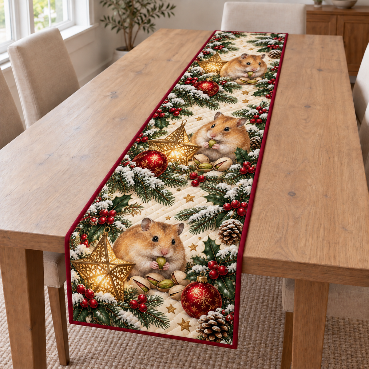 Hamster Pistachio Star Lantern printed Christmas quilted table runner; design mockup showing a flat printed depth effect.