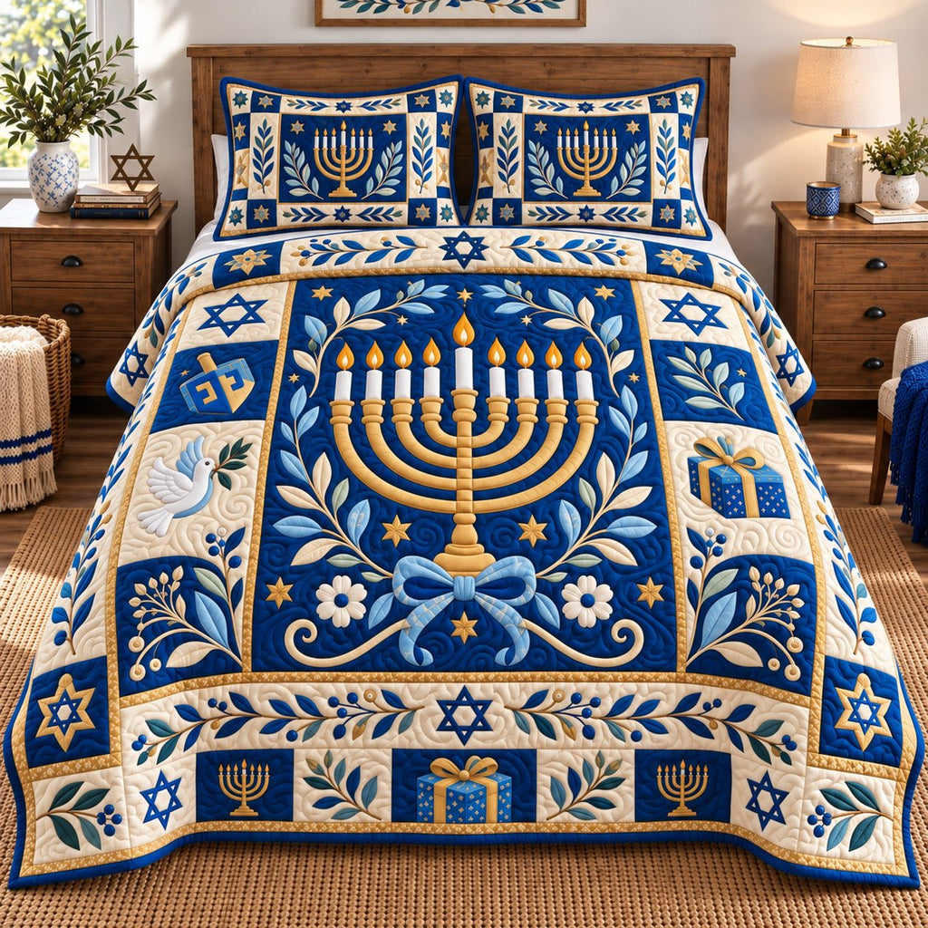 Hanukkah Festival quilted 3-piece bedding set on a made bed with two matching pillow shams