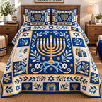 Hanukkah Festival quilted 3-piece bedding set on a made bed with two matching pillow shams