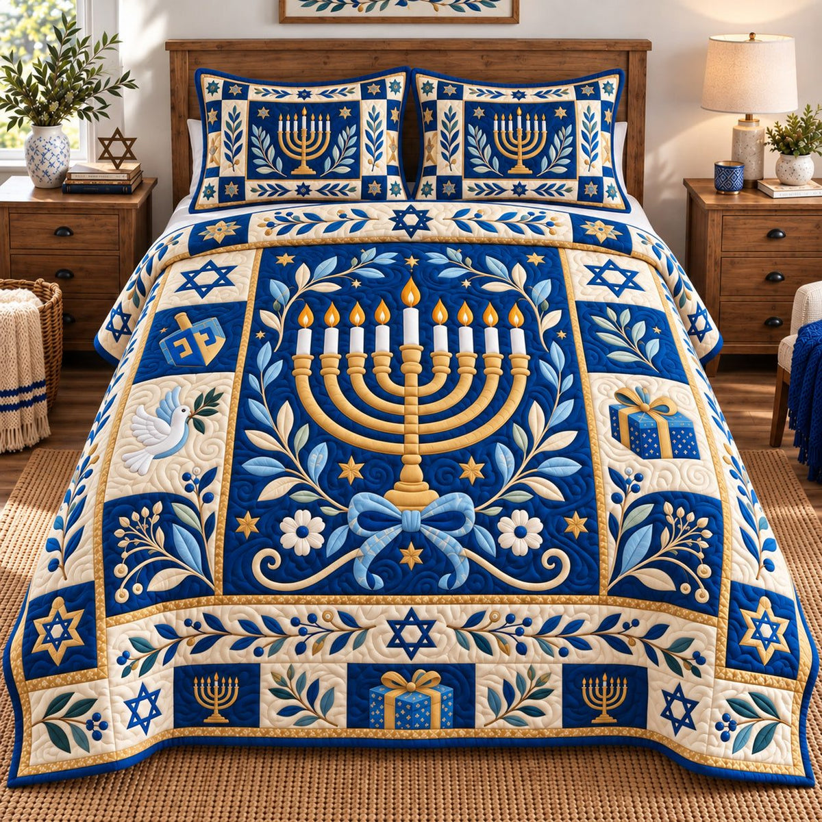 Hanukkah Festival quilted 3-piece bedding set on a made bed with two matching pillow shams