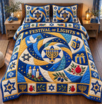 Hanukkah Golden Blessings quilted 3-piece bedding set on a made bed with two matching pillow shams