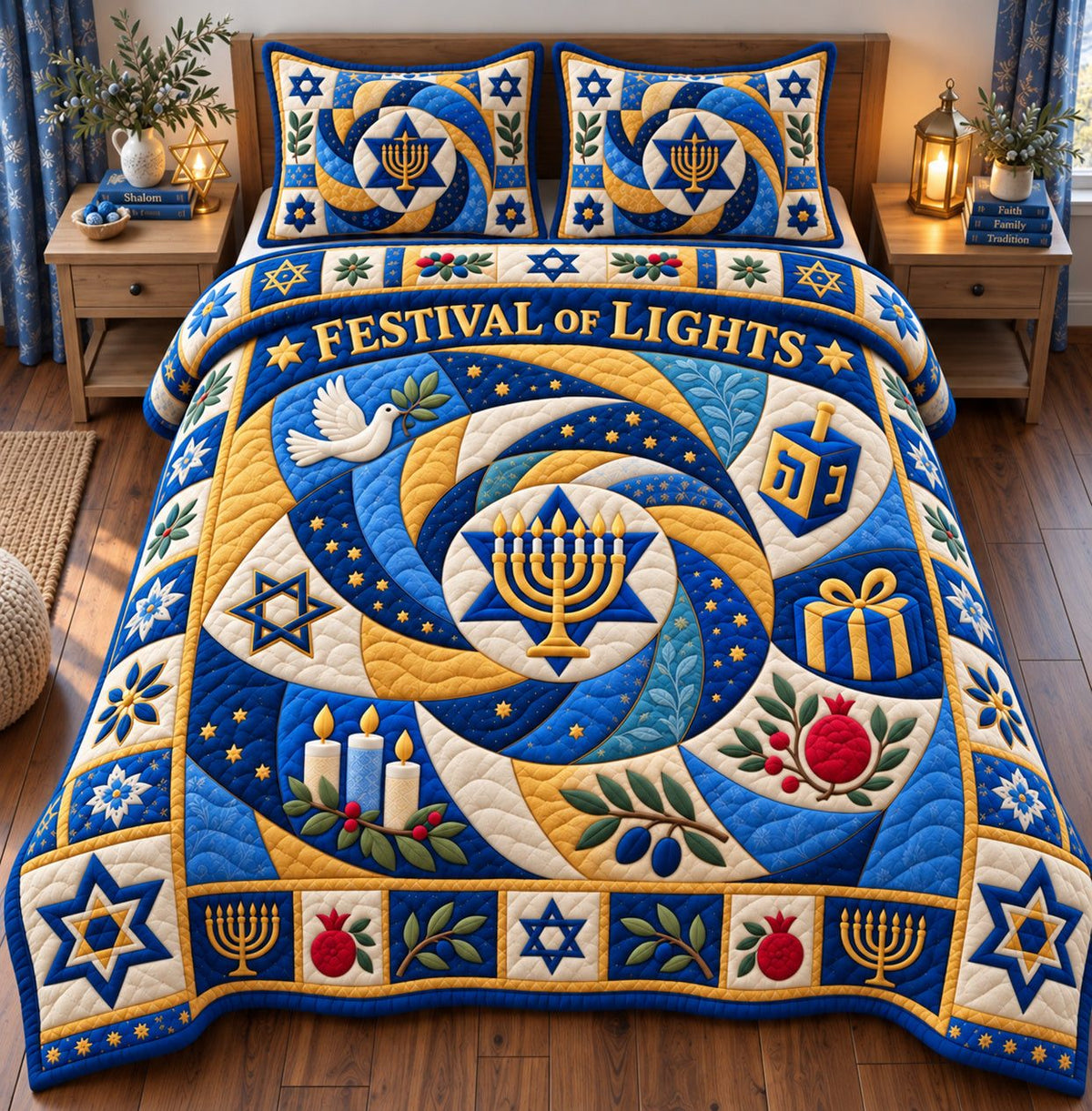 Hanukkah Golden Blessings quilted 3-piece bedding set on a made bed with two matching pillow shams