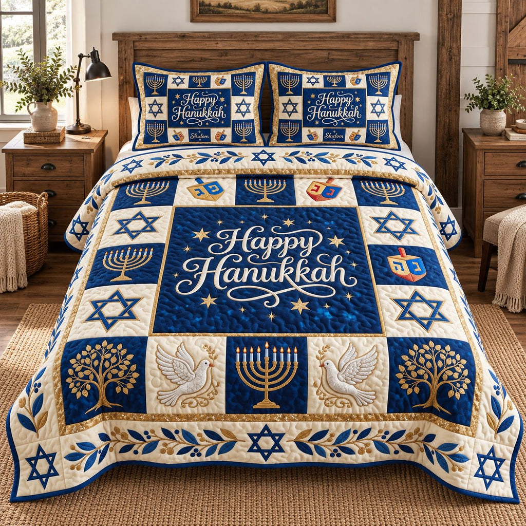 Hanukkah Patchwork quilted 3-piece bedding set on a made bed in a farmhouse bedroom