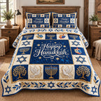 Hanukkah Patchwork quilted 3-piece bedding set on a made bed in a farmhouse bedroom