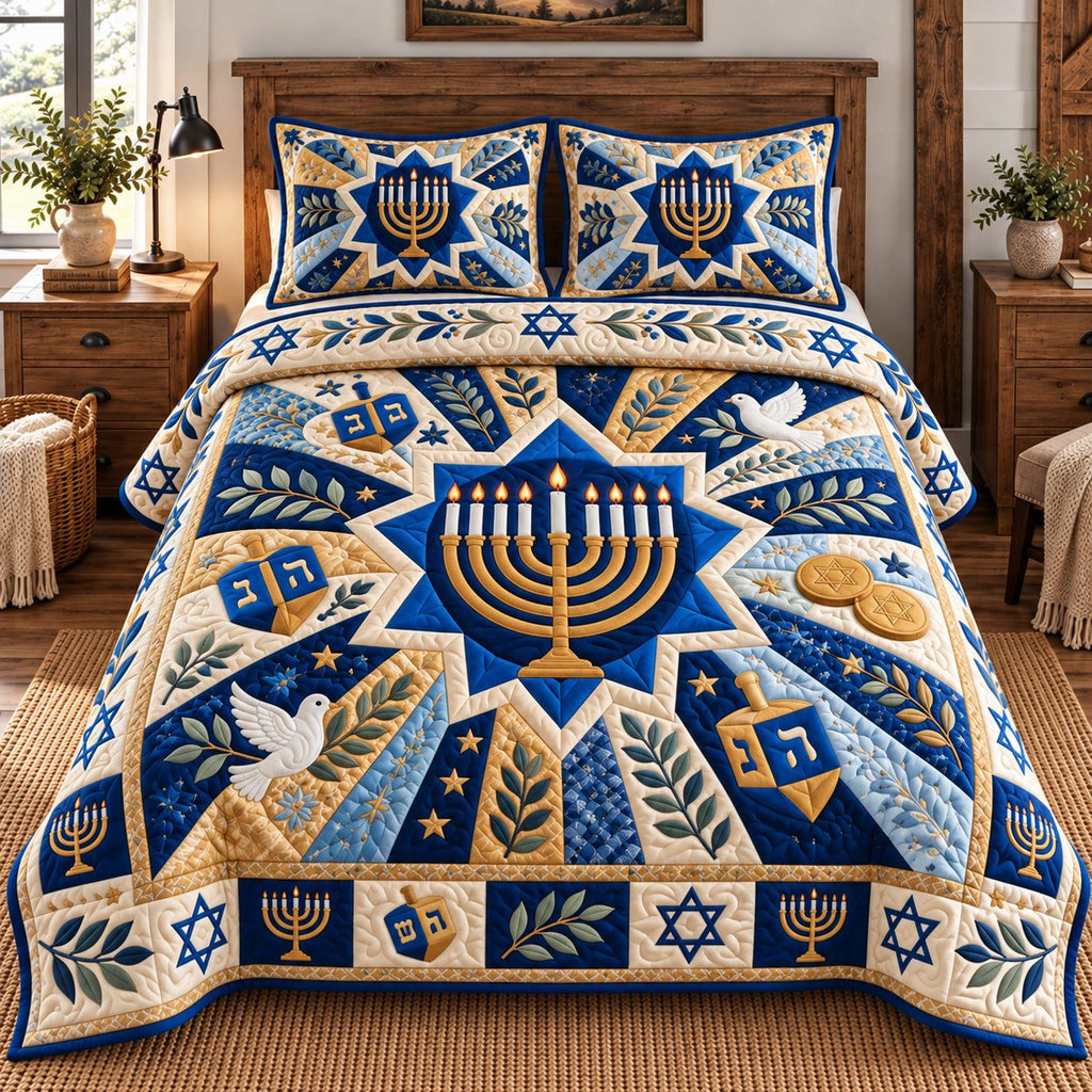 Hanukkah Sacred Glow quilted 3-piece bedding set on a made bed in a softly lit bedroom