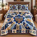 Hanukkah Sacred Glow quilted 3-piece bedding set on a made bed in a softly lit bedroom
