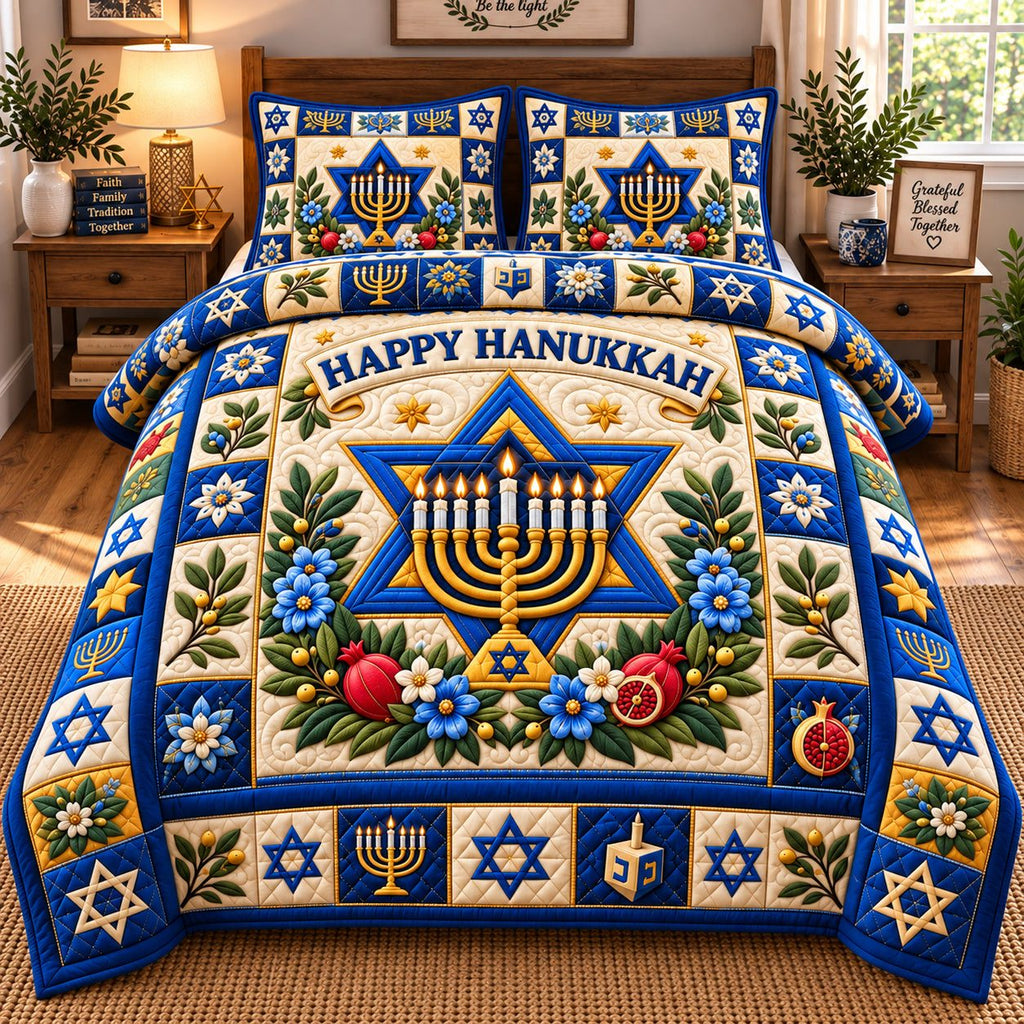 Hanukkah Star Celebration quilted 3-piece bedding set on a made bed with two matching pillow shams