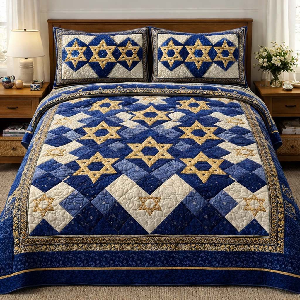 Hanukkah Stars Pattern quilted 3-piece bedding set on a made bed with two matching pillow shams