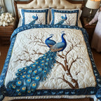 Happily Ever Peacocks Branch quilted 3-piece bedding set on a made bed in a rustic timber bedroom