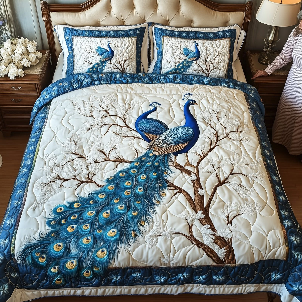 Happily Ever Peacocks Branch quilted 3-piece bedding set on a made bed in a rustic timber bedroom