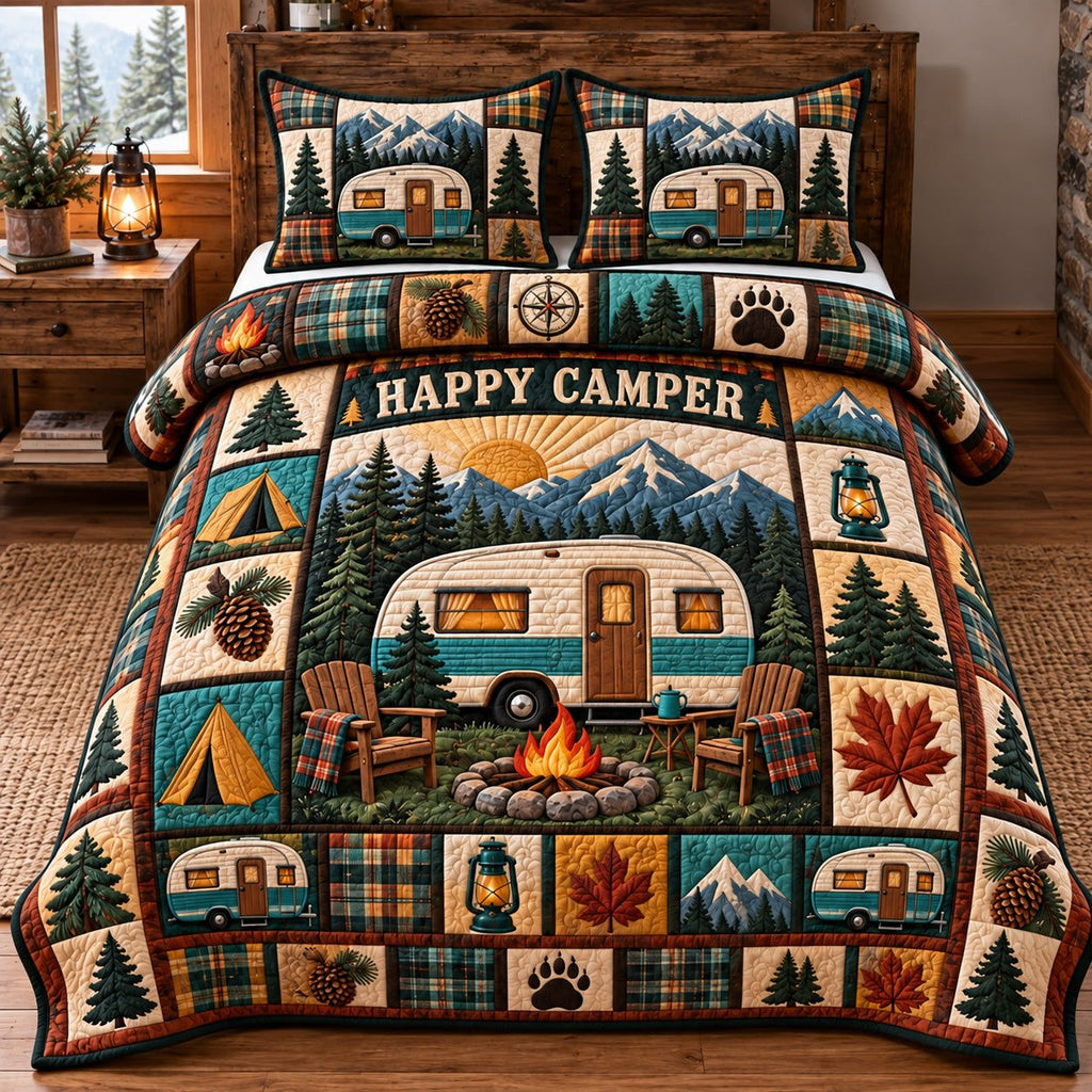 Happy Camper Vintage Trailer quilted 3-piece bedding set on a made bed in a farmhouse bedroom