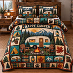 Happy Camper Vintage Trailer quilted 3-piece bedding set on a made bed in a farmhouse bedroom