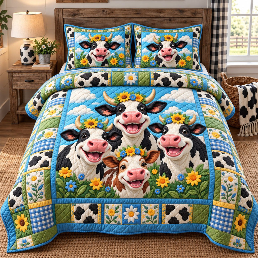Happy Cow Family quilted 3-piece bedding set on a made bed with two matching pillow shams
