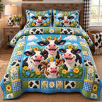 Happy Cow Family quilted 3-piece bedding set on a made bed with two matching pillow shams