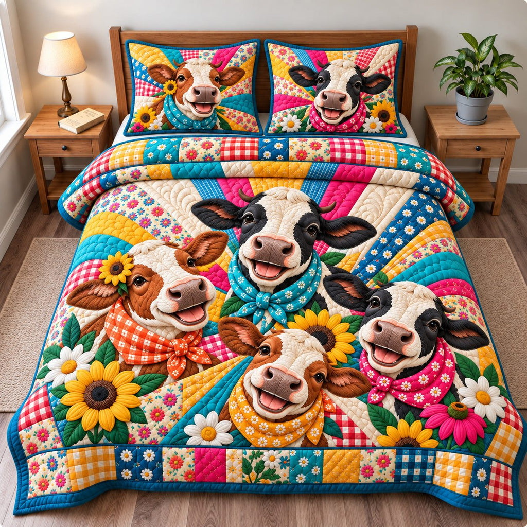 Happy Cows quilted 3-piece bedding set on a made bed with two matching pillow shams