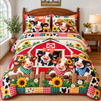 Happy Funky Cow quilted 3-piece bedding set on a made bed with two matching pillow shams