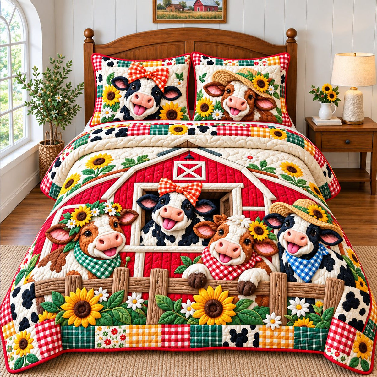 Happy Funky Cow quilted 3-piece bedding set on a made bed with two matching pillow shams