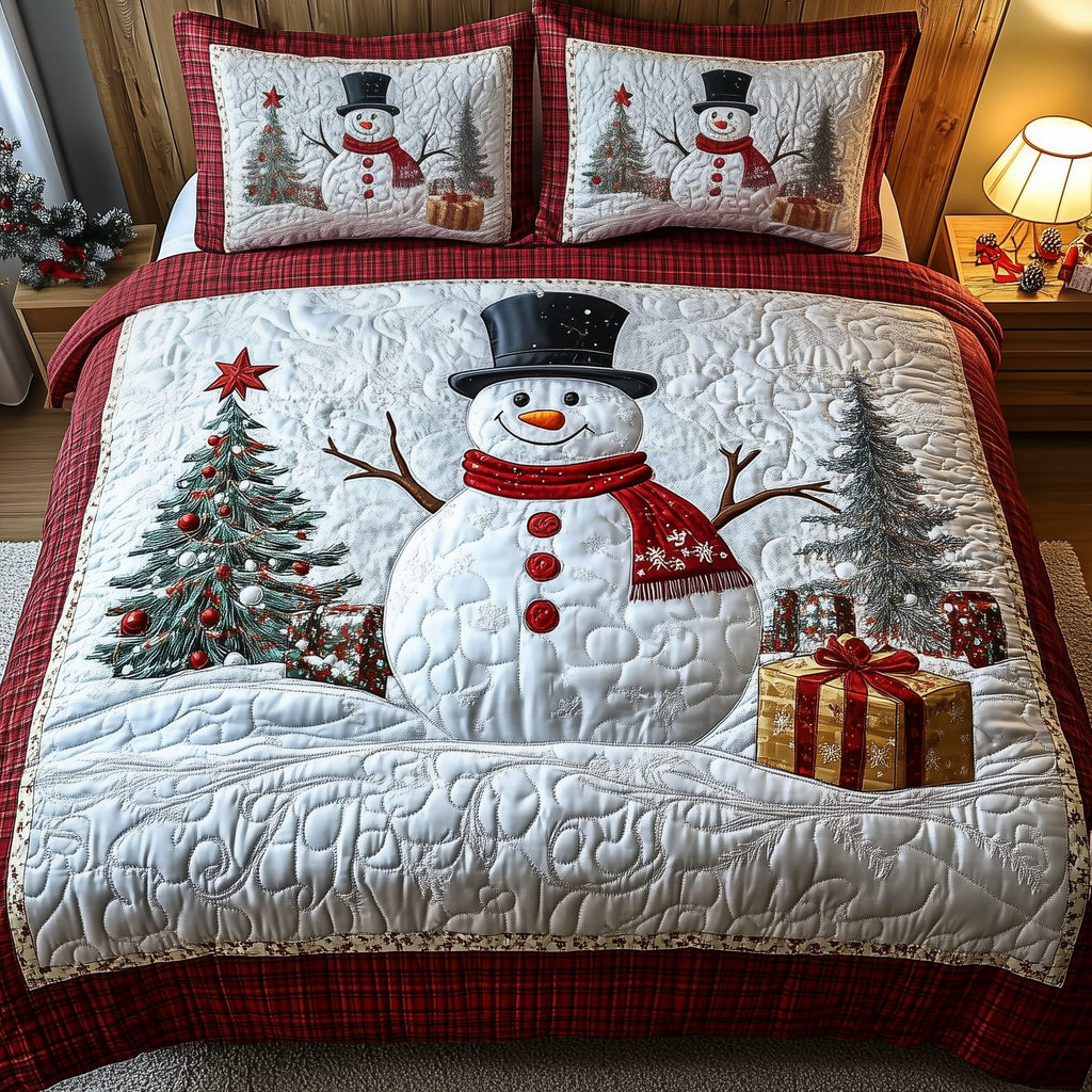 Happy Snowman Tree Gifts quilted 3-piece bedding set on a made bed in a winter-styled bedroom