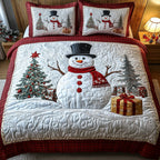 Happy Snowman Tree Gifts quilted 3-piece bedding set on a made bed in a winter-styled bedroom
