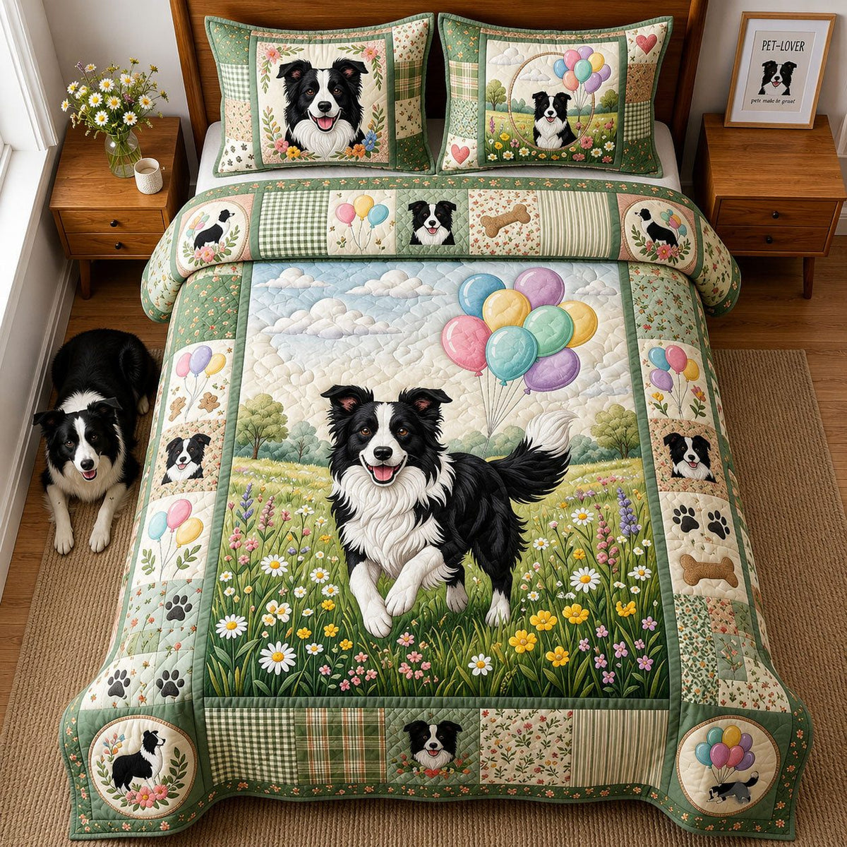 Happy Tails quilted 3-piece bedding set on a made bed with two matching pillow shams