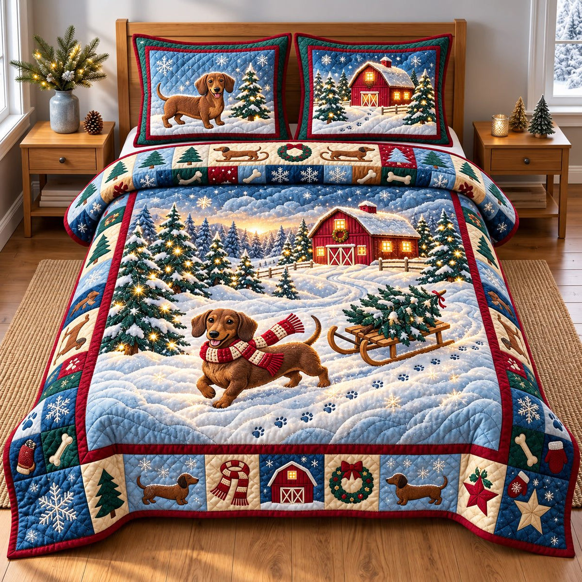 Happy Weenie quilted 3-piece bedding set on a made bed with two matching pillow shams