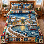Harbor Christmas quilted 3-piece bedding set on a made bed in a winter-styled bedroom