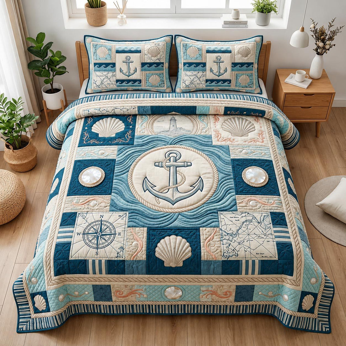 Harbor Nights Anchor quilted 3-piece bedding set on a made bed in a light coastal bedroom