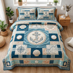 Harbor Nights Anchor quilted 3-piece bedding set on a made bed in a light coastal bedroom