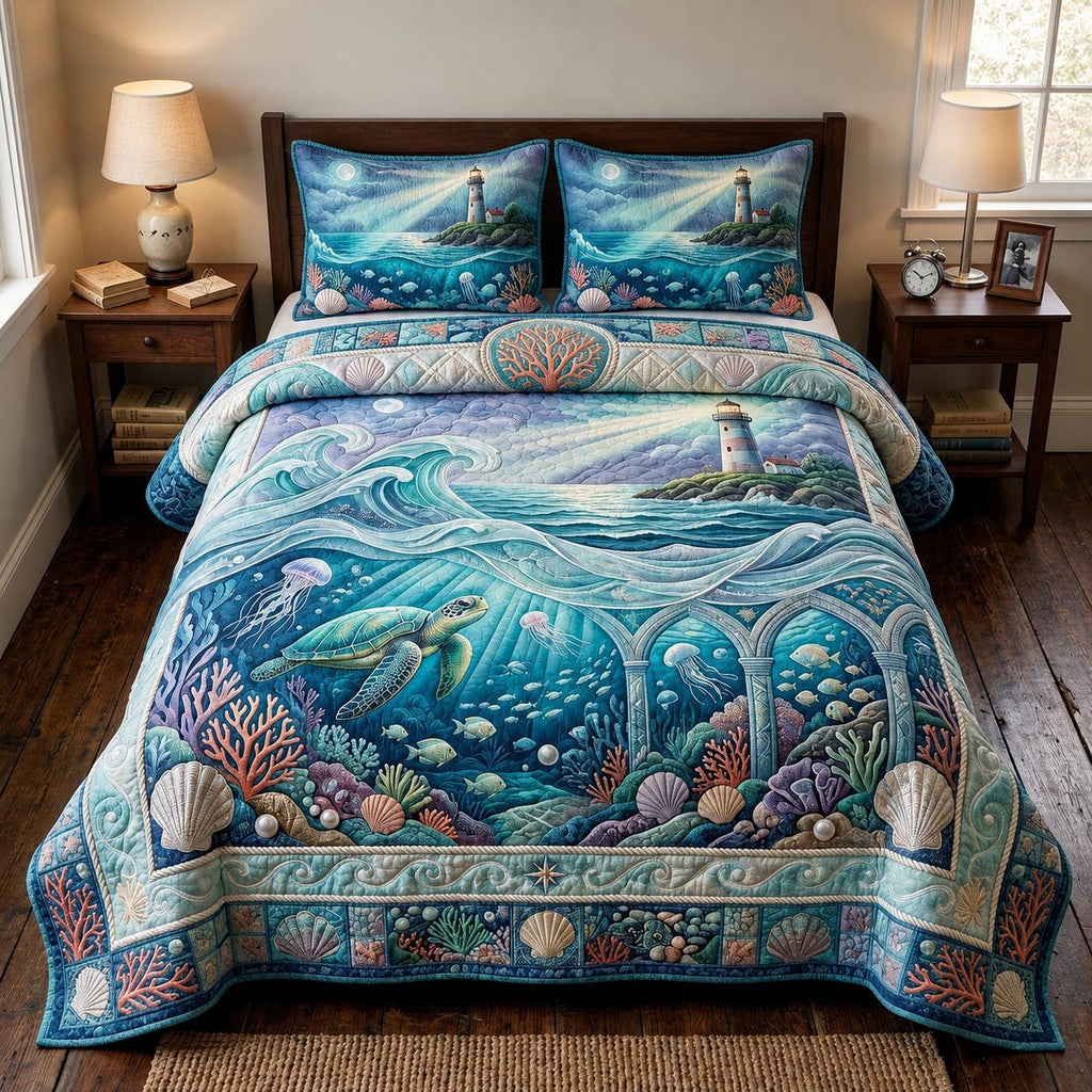 Harbor Nights Lighthouse quilted 3-piece bedding set on a made bed in a light coastal bedroom