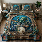 Harbor Stage Octopus quilted 3-piece bedding set on a made bed in a light coastal bedroom