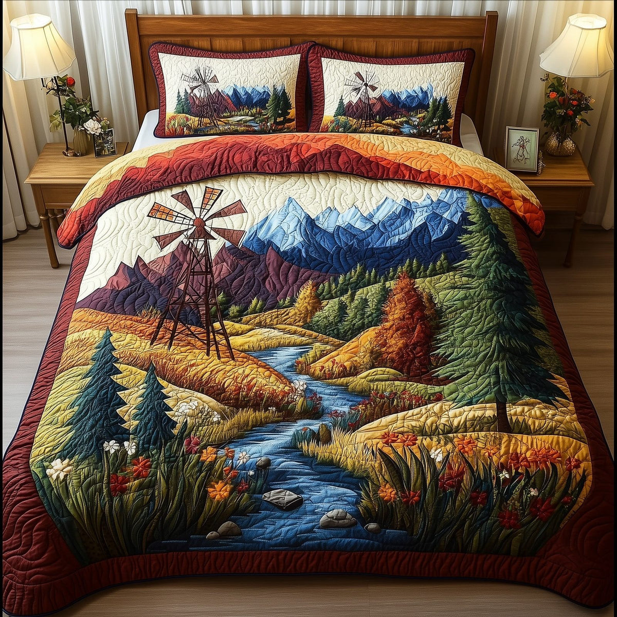Harmony Windmill Stream quilted 3-piece bedding set on a made bed with two matching pillow shams